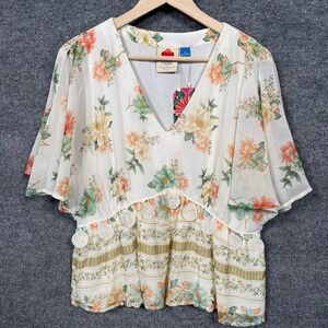 Farm Rio For Anthropologie Size XS Hestia Blouse Cream Peplum Boho Cottagecore